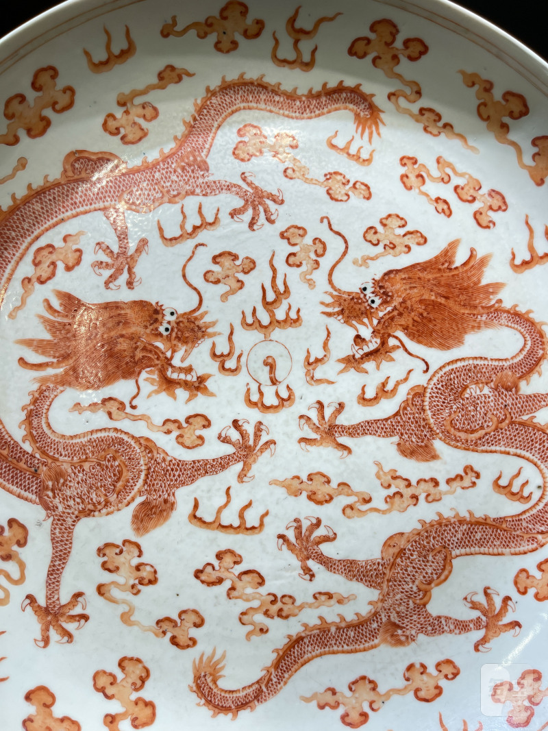 清光绪 矾红描金云龙纹大盘 - 图3